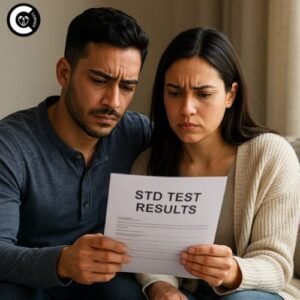 Couple looking concerned while reviewing STD test results together