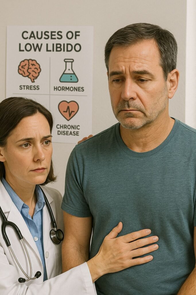 Doctor examining middle-aged man for low libido Doctor examining middle-aged man for low libido causes