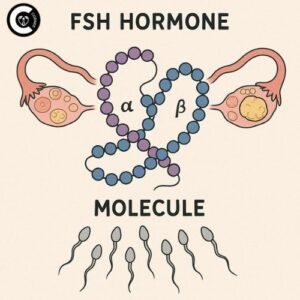 Illustration of FSH hormone molecule structure with ovaries and sperm