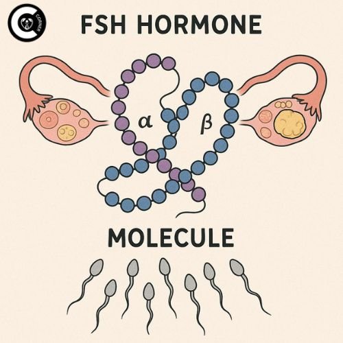 Illustration of FSH hormone molecule structure with ovaries and sperm