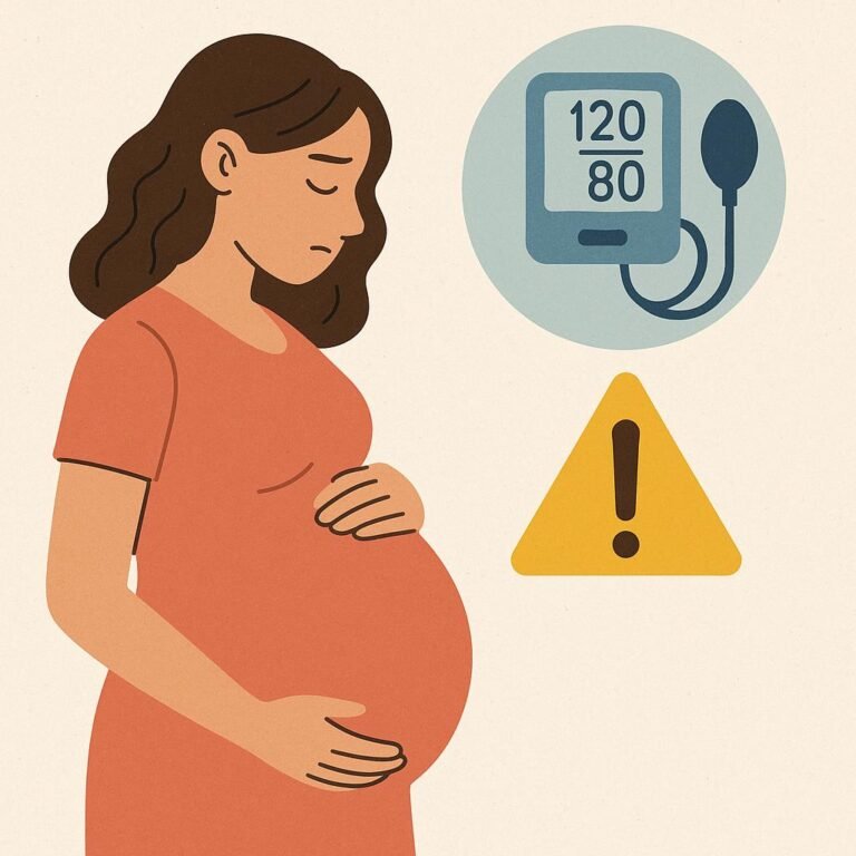Illustration of a pregnant woman holding her belly, with a medical icon (blood pressure monitor) and a warning sign symbolizing preeclampsia awareness.