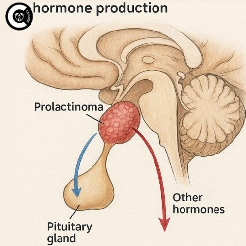 Illustration of pituitary gland showing prolactinoma tumor affecting hormone production