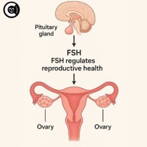 Illustration of the pituitary gland and ovaries, showing how FSH regulates reproductive health