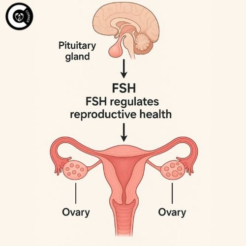Illustration of the pituitary gland and ovaries, showing how FSH regulates reproductive health