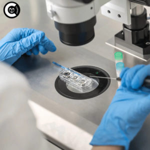 Scientist examining semen sample under microscope in fertility lab