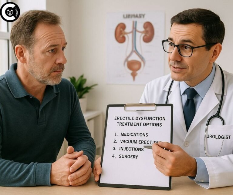 Urologist discussing erectile dysfunction treatment options with middle-aged male patient