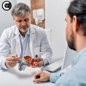 Urologist explaining ejaculation control techniques to male patient