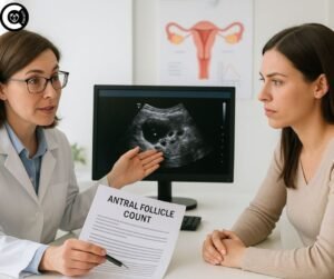 Woman discussing Antral Follicle Count (AFC) results with fertility specialist.