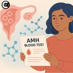 a woman holding an AMH blood test report, with ovarian follicles and hormone molecules in the background, symbolizing fertility health and ovarian reserve