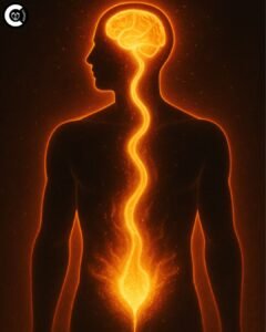 A glowing energy flow from pelvis to brain symbolizing sexual energy as confidence and charisma