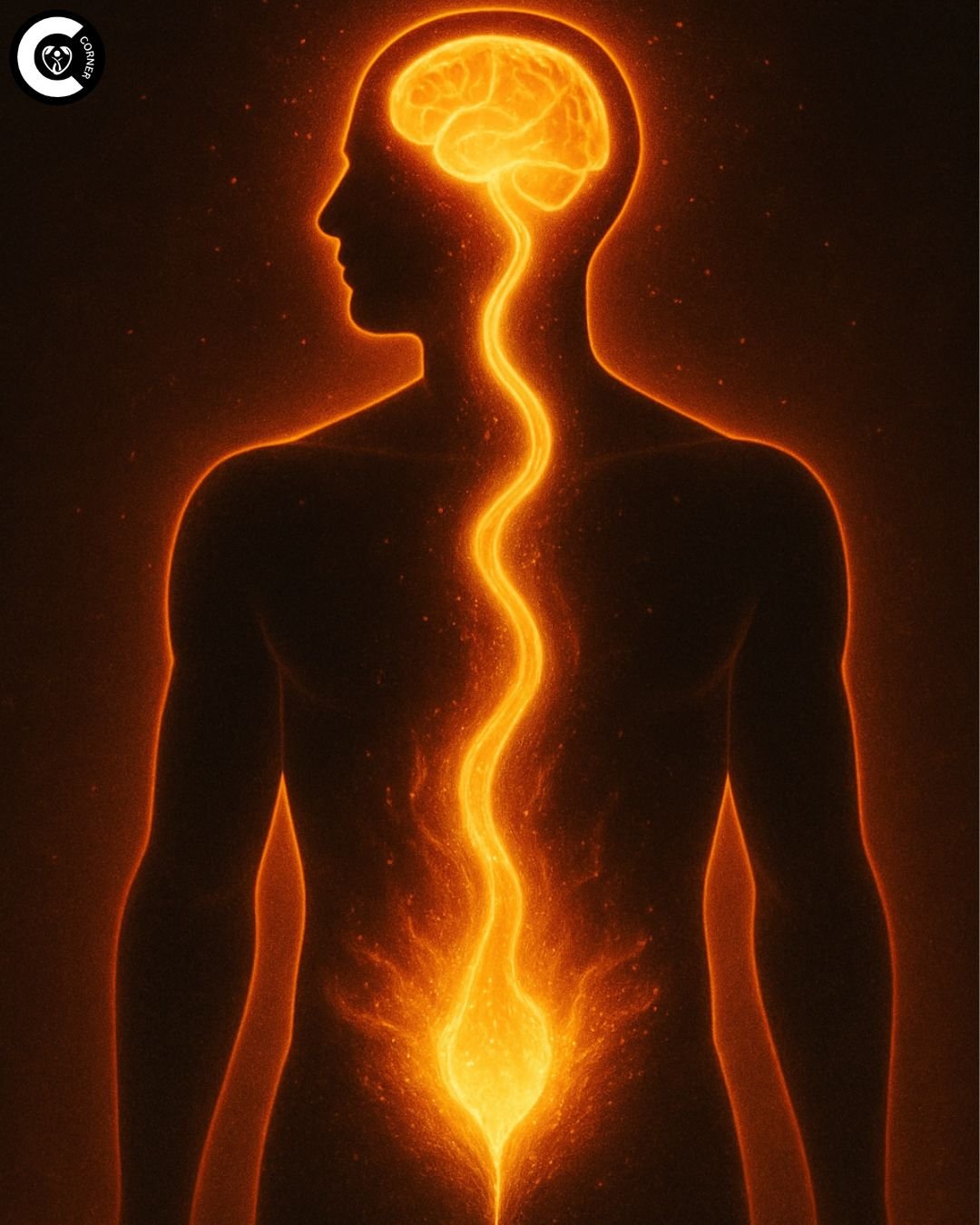 A glowing energy flow from pelvis to brain symbolizing sexual energy as confidence and charisma
