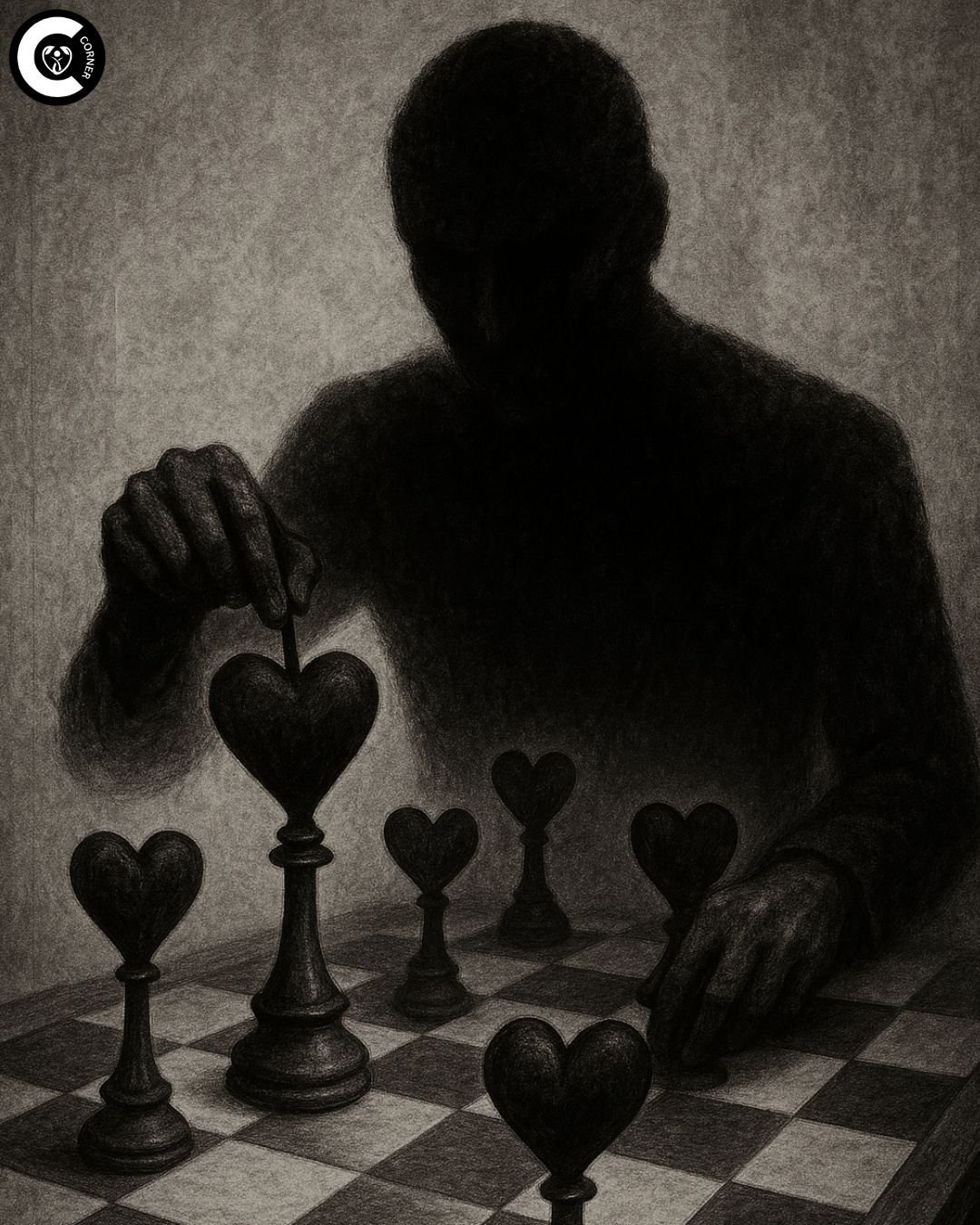 A shadowy figure manipulating chess pieces shaped like hearts, symbolizing sexual narcissism's psychological control