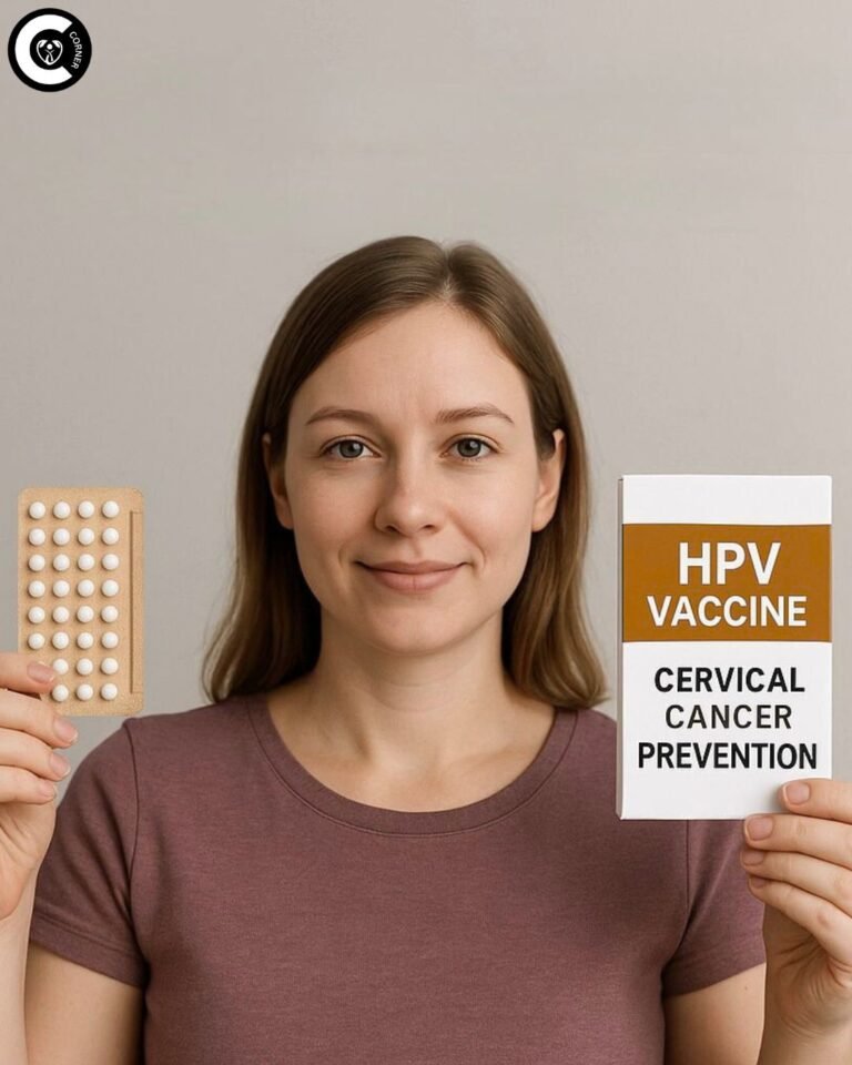 Woman holding birth control pills next to HPV vaccine, showing cervical cancer prevention options