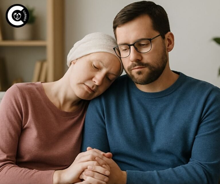 Couple holding hands on couch, one partner with chronic illness resting head on other's shoulder - showing supportive relationship