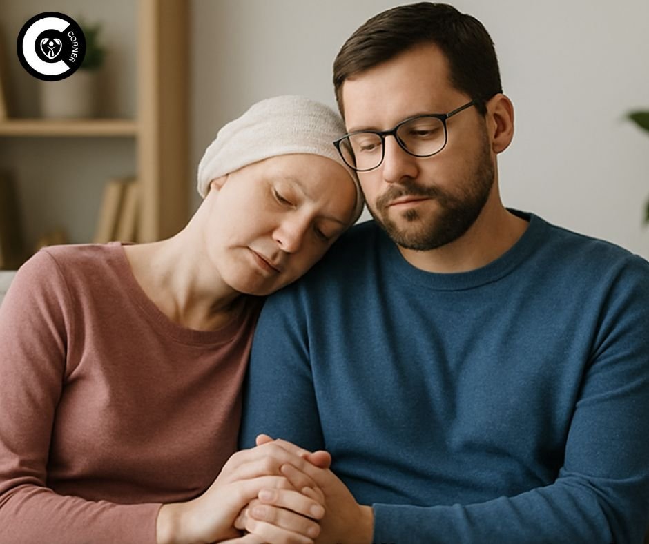 Couple holding hands on couch, one partner with chronic illness resting head on other's shoulder - showing supportive relationship
