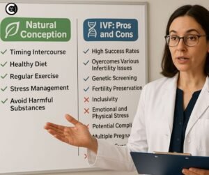 Fertility specialist discussing Natural Conception strategies and IVF pros and cons
