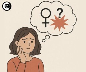 Illustration of woman looking concerned with thought bubble showing orgasm difficulty