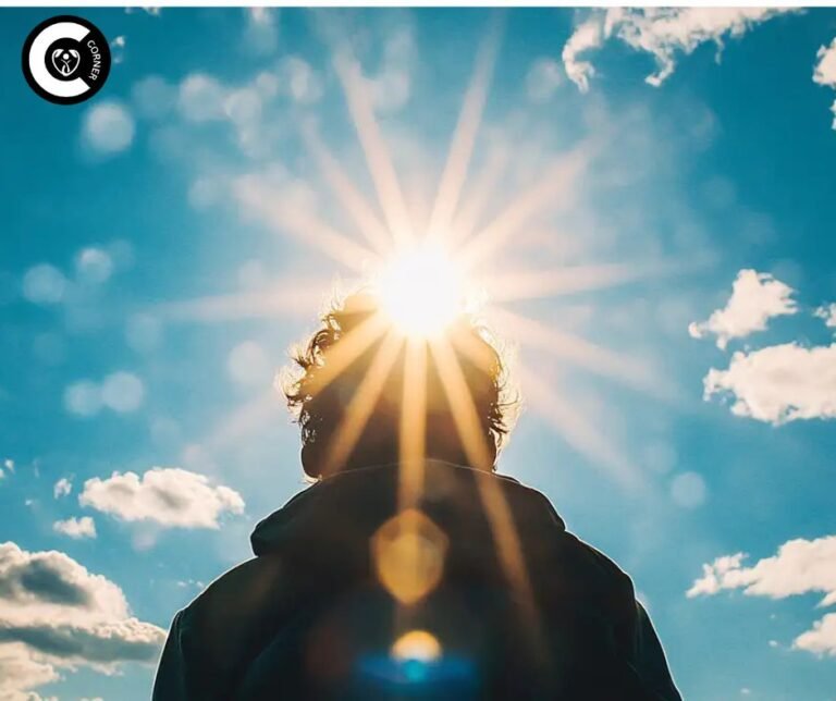 Man outdoors absorbing sunlight with vitamin D molecule illustration, depicting natural ED prevention through sun exposure and supplementation