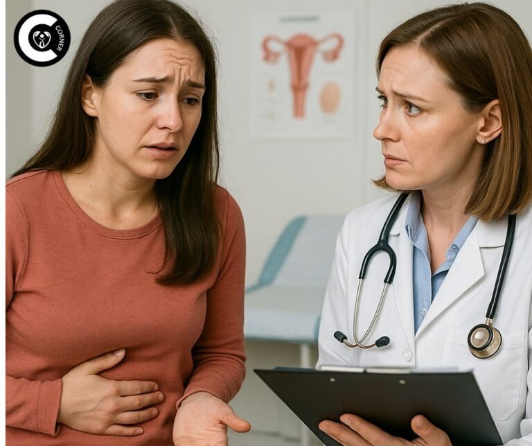 Patient discussing cramping after sex with gynecologist in clinical setting