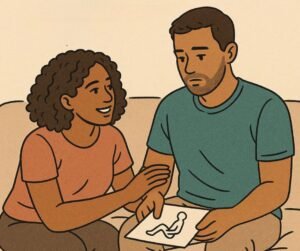 Supportive couple working together to manage premature ejaculation through communication and pelvic floor exercises
