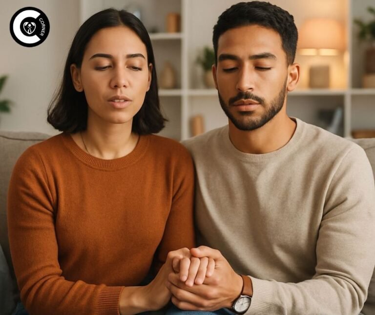 Couple sitting together on a couch, holding hands while practicing deep breathing exercises to manage relationship anxiety