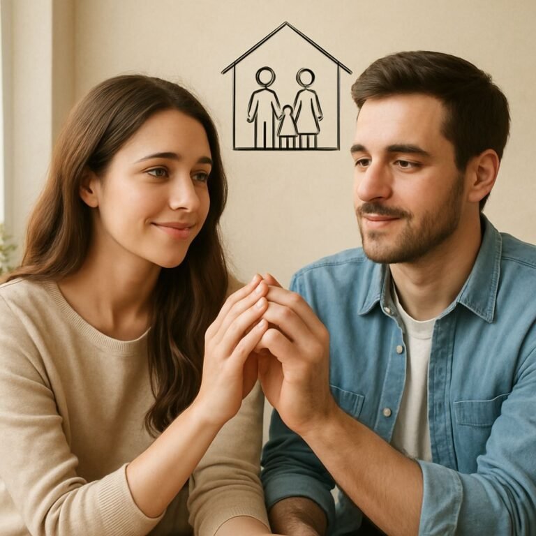A hopeful couple gently touching hands, symbolizing partnership and future family dreams