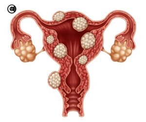 Colorful infographic explaining uterine fibroids causes, symptoms and natural shrinking remedies"