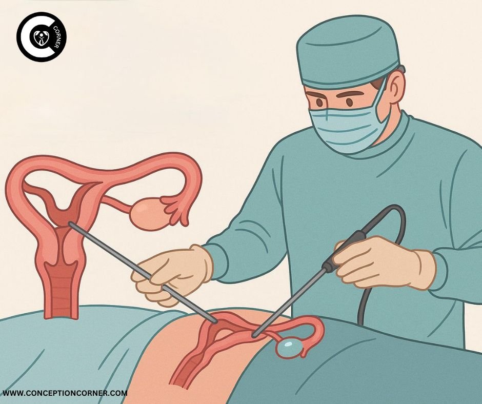 Surgeon performing minimally invasive salpingectomy to remove damaged fallopian tube with hydrosalpinx