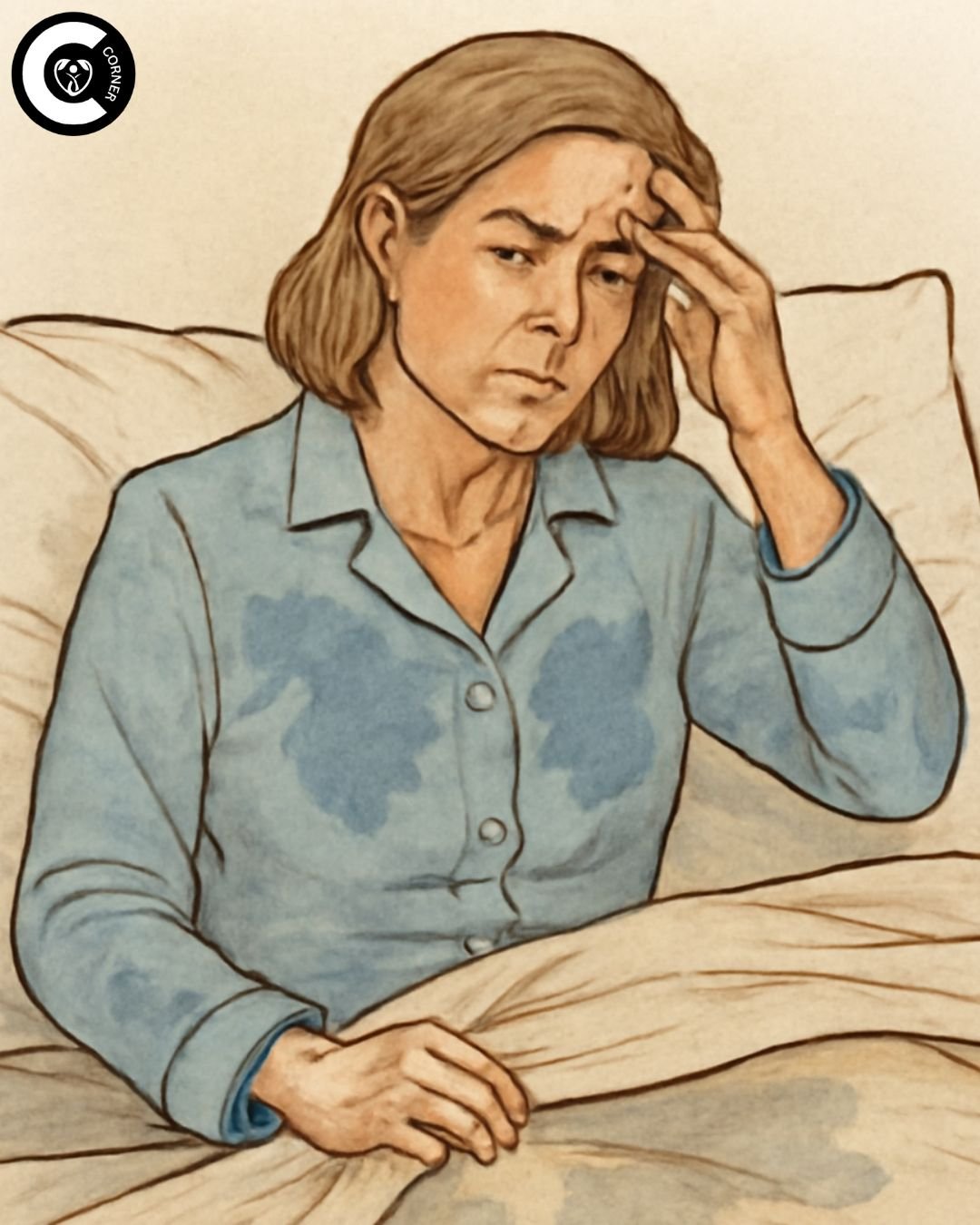 Woman waking from night sweats with damp pajamas and bedding