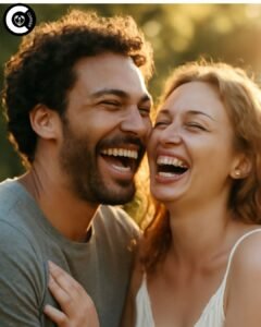 Happy couple laughing together in sunlight, representing how a healthy sex life boosts mental health and reduces stress.