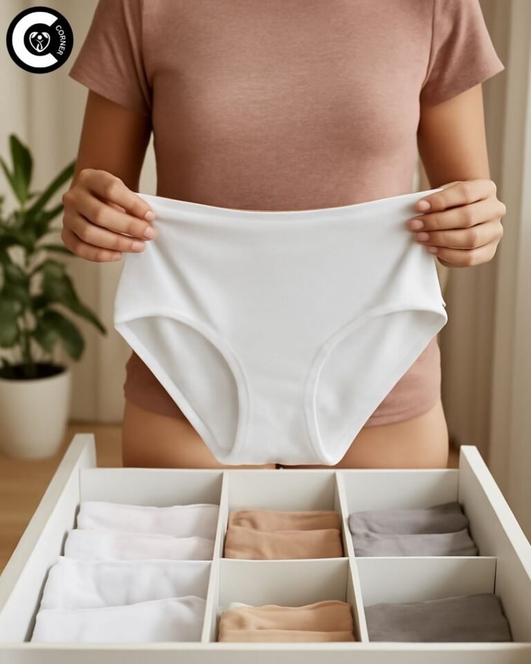 Woman choosing cotton underwear to reduce moisture and prevent infections causing abnormal white discharge