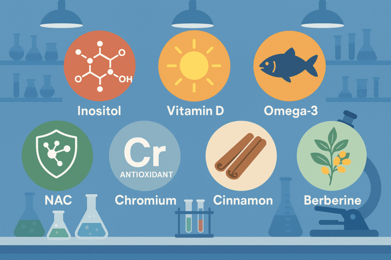 Science lab background with icons representing the top 7 PCOS supplements: Inositol molecule, Vitamin D sun, Omega-3 fish, NAC antioxidant symbol, Chromium mineral, Cinnamon sticks, Berberine plant