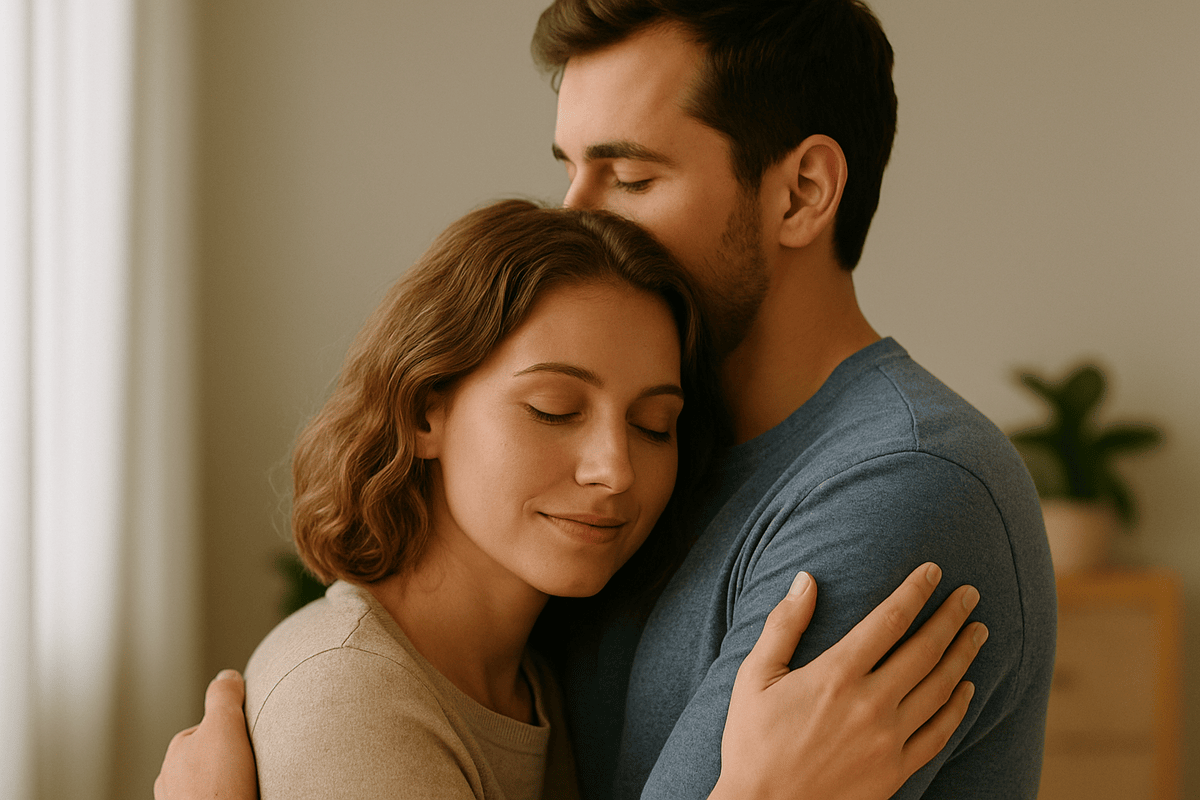 Woman feeling safe and accepted in her partner's arms, key to true sexual compatibility