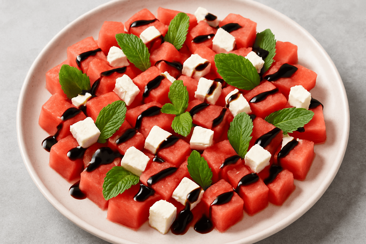 Colorful watermelon salad with feta cheese, mint leaves, and a drizzle of balsamic glaze—a delicious way to eat foods that make you wetter