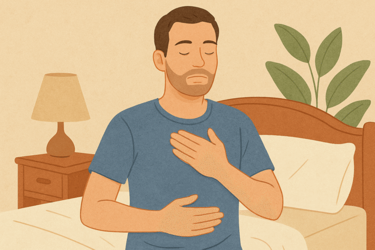 Man practicing deep breathing exercises to reduce sexual performance anxiety before intimacy.