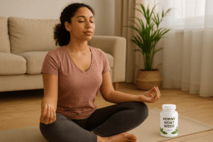 Woman practicing yoga and meditation for stress relief, supporting natural libido alongside horny goat weed supplementation.