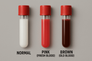 Blood In Sperm Comparison. Side-by-side tubes: Normal (opaque white) vs. Pink (fresh blood) vs. Brown (old blood).