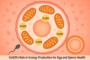 Illustration of mitochondria inside a cell, highlighting CoQ10's role in energy production for egg and sperm health.