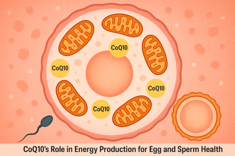 Illustration of mitochondria inside a cell, highlighting CoQ10's role in energy production for egg and sperm health.