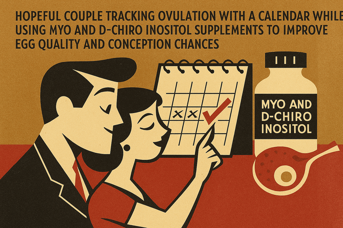 Hopeful couple tracking ovulation with a calendar while using Myo and D-Chiro Inositol supplements to improve egg quality and conception chances.