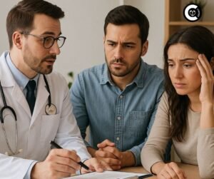 A doctor explaining test results to a concerned couple.