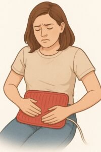 Woman using heating pad on lower abdomen to relieve ovulation pain and menstrual cramps