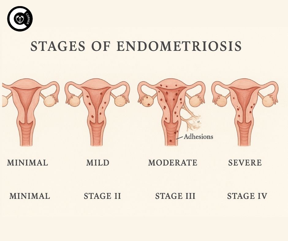 Diagram illustrating the four stages of endometriosis (I-IV): Visual comparison of minimal, mild, moderate, and severe disease progression.
