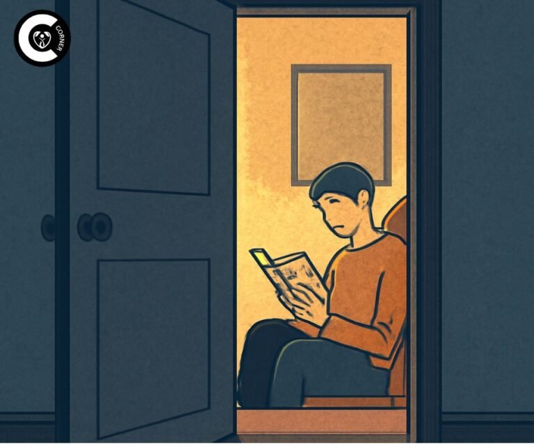 Door slightly ajar showing person reading alone - representing HSP's essential solitude in relationships