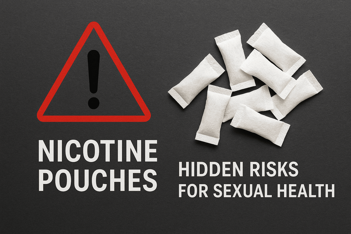 Nicotine pouches placed next to a warning symbol, emphasizing their hidden risks for sexual health