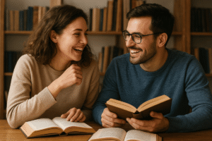A couple engaged in deep conversation, laughing over books - representing intellectual compatibility in relationships..