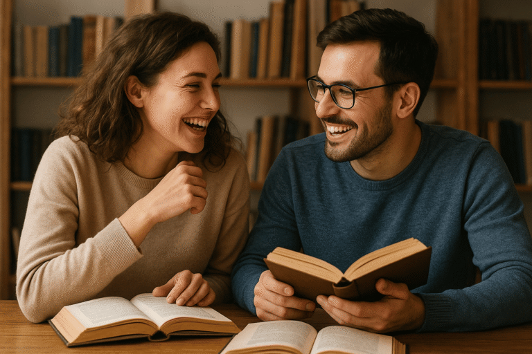 A couple engaged in deep conversation, laughing over books - representing intellectual compatibility in relationships..