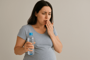 A concerned pregnant woman experiencing dry mouth during pregnancy, holding a water bottle for relief.