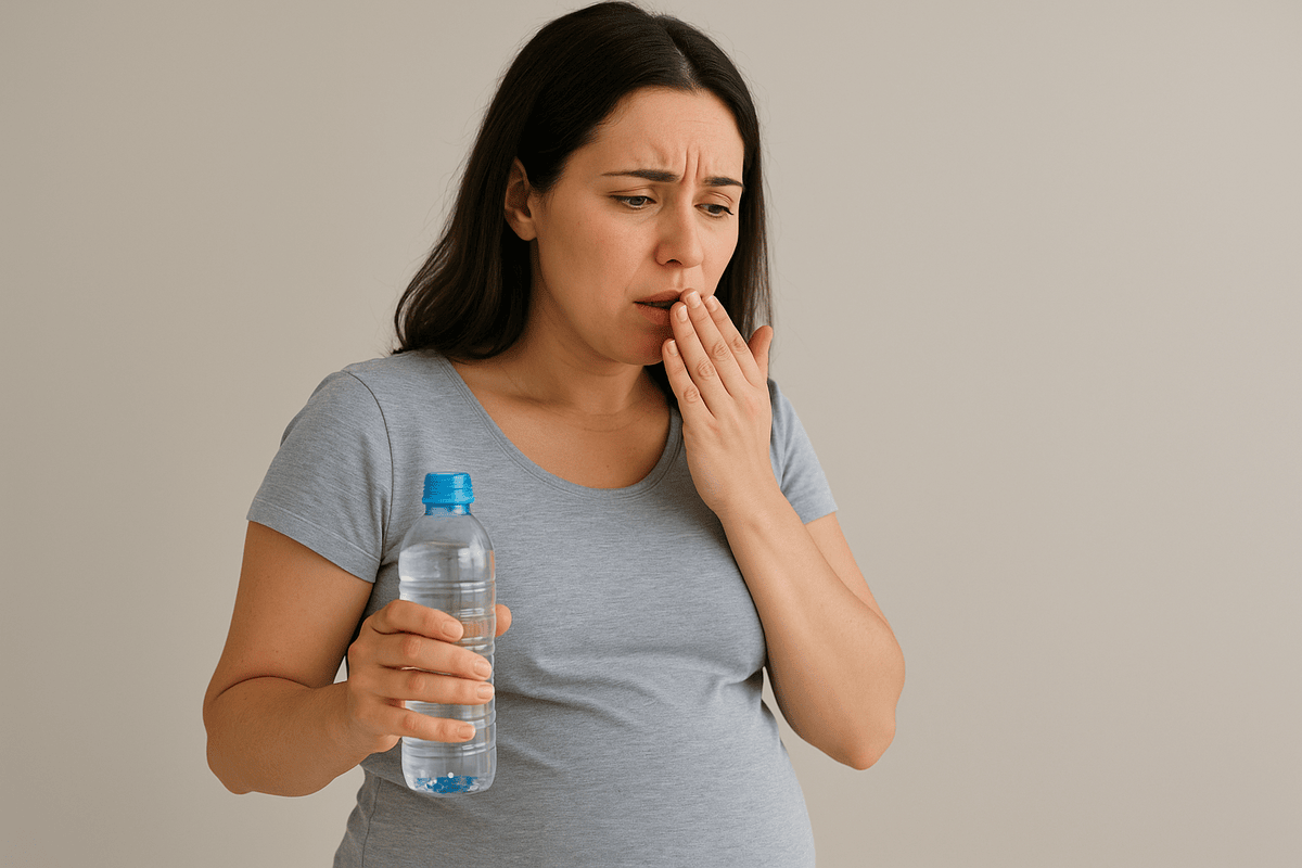 A concerned pregnant woman experiencing dry mouth during pregnancy, holding a water bottle for relief.