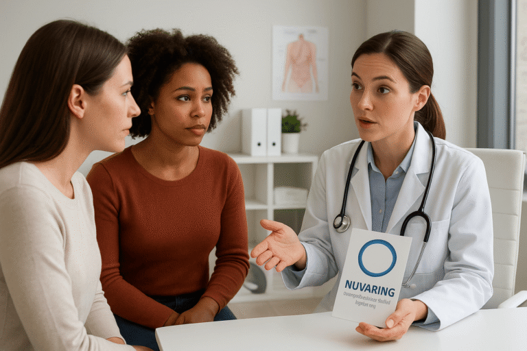 Women discussing birth control options like NuvaRing with a doctor in a modern clinic.
